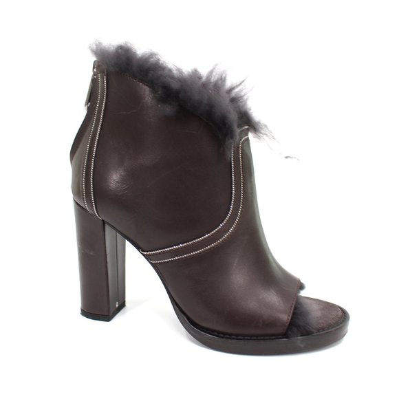 Brunello Cucinelli Brown Fur Trim Open Toe Leather Ankle Bootie 37 Heel Sandals - Picture 1 of 7